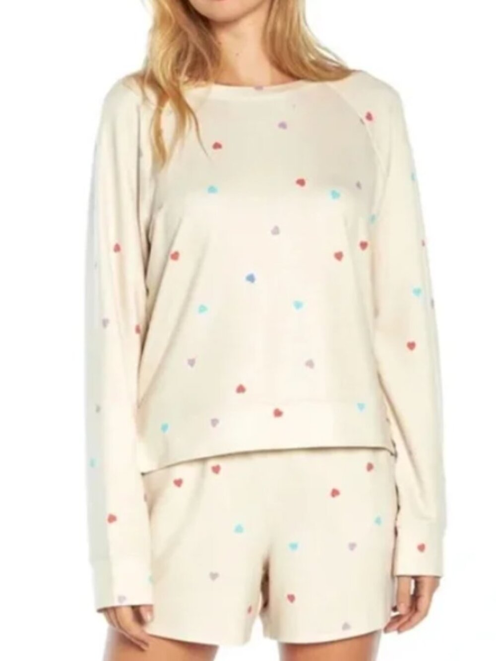 NWT sz MED 2pc Wildfox Cream Multicolored Hearts Sweatshirt & Short Lounge Set